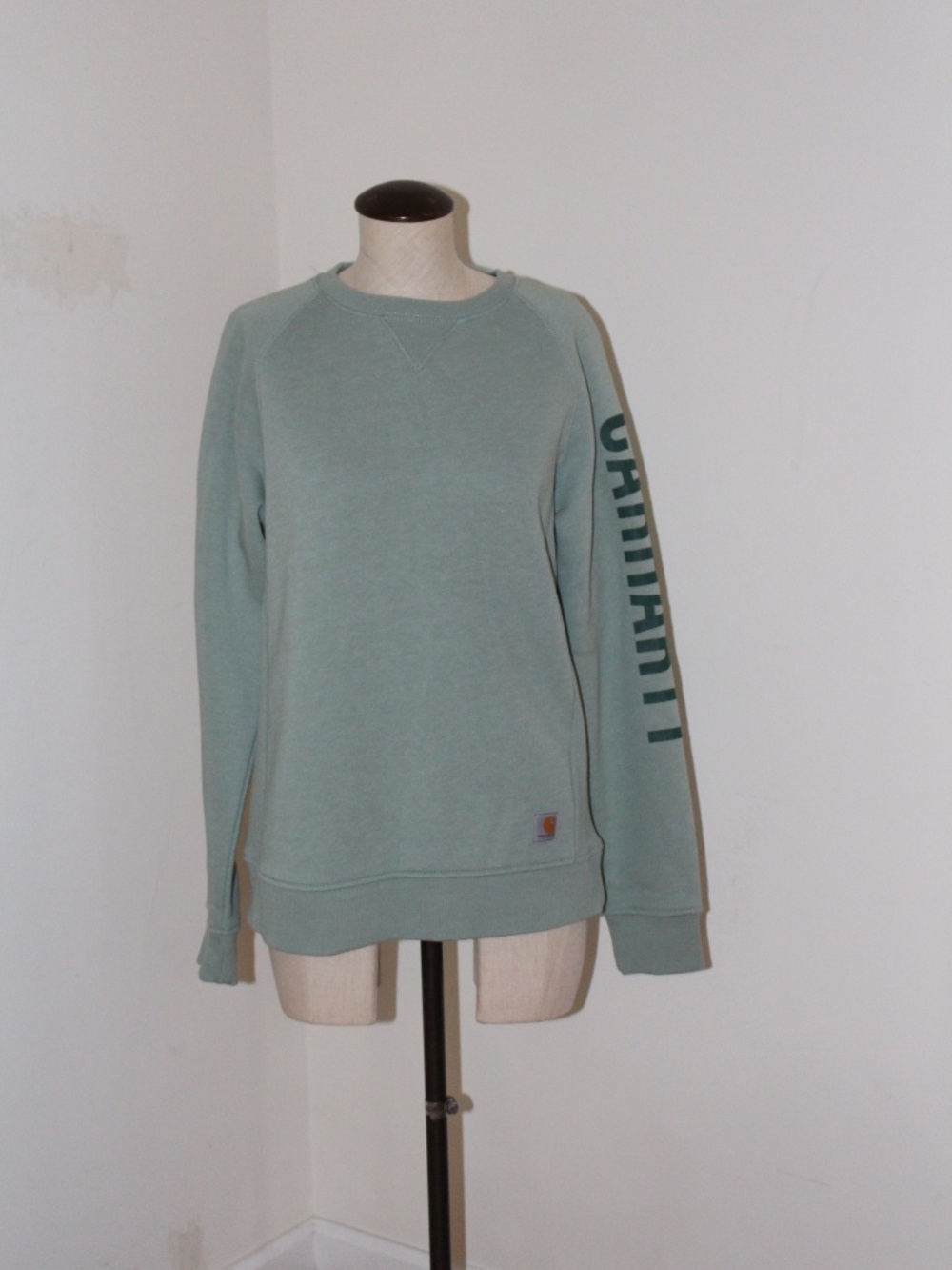 Carhartt Women's Crewneck Sweatshirt in Sage Green with Sleeve Logo relaxed fit